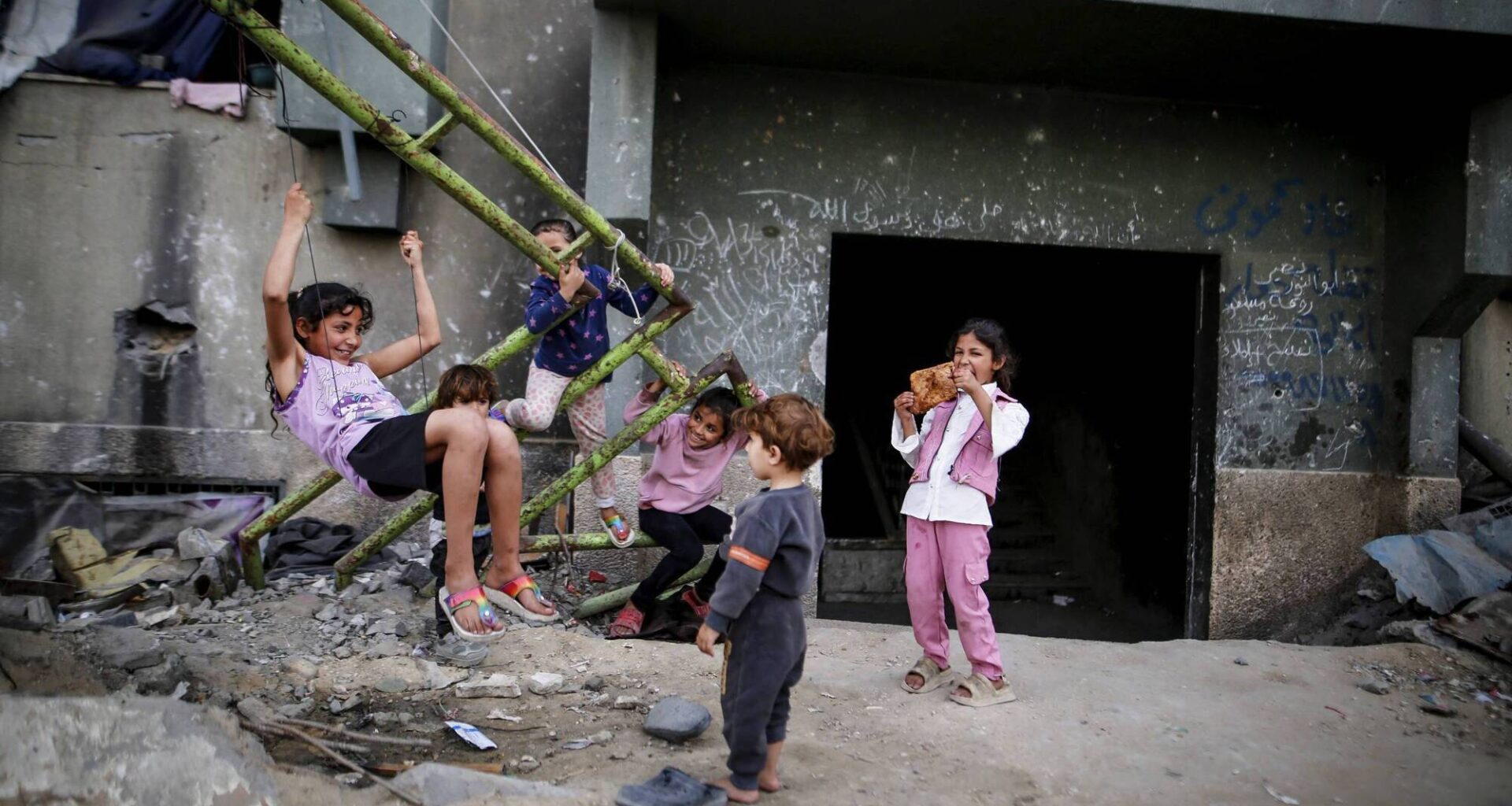 Displaced Palestinian children play inside a damaged building at the Islamic University in Gaza City in April. Unesco reported this year that 95% of Gaza's higher-education campuses had been damaged or destroyed. Photo: Saeed Jaras / Middle East Images / AFP via Getty 