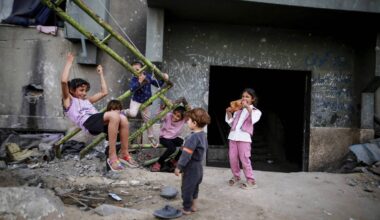 Displaced Palestinian children play inside a damaged building at the Islamic University in Gaza City in April. Unesco reported this year that 95% of Gaza's higher-education campuses had been damaged or destroyed. Photo: Saeed Jaras / Middle East Images / AFP via Getty 