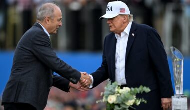 Taoiseach Micheál Martin and US president Donald Trump shake hands during day four of the Amgen Irish Open Golf Championship 2026 at Trump International Golf Links in Doonbeg, Co Clare. Picture: Ramsey Cardy/Sportsfile
