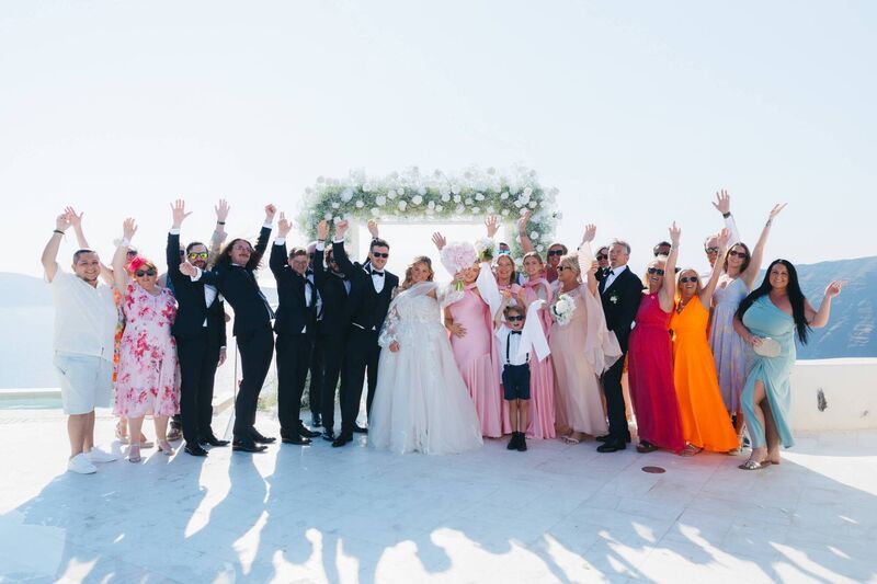 Zara O'Dowd and Stephen Moynihan with wedding guests. Pictures: @GreecePhotographer 