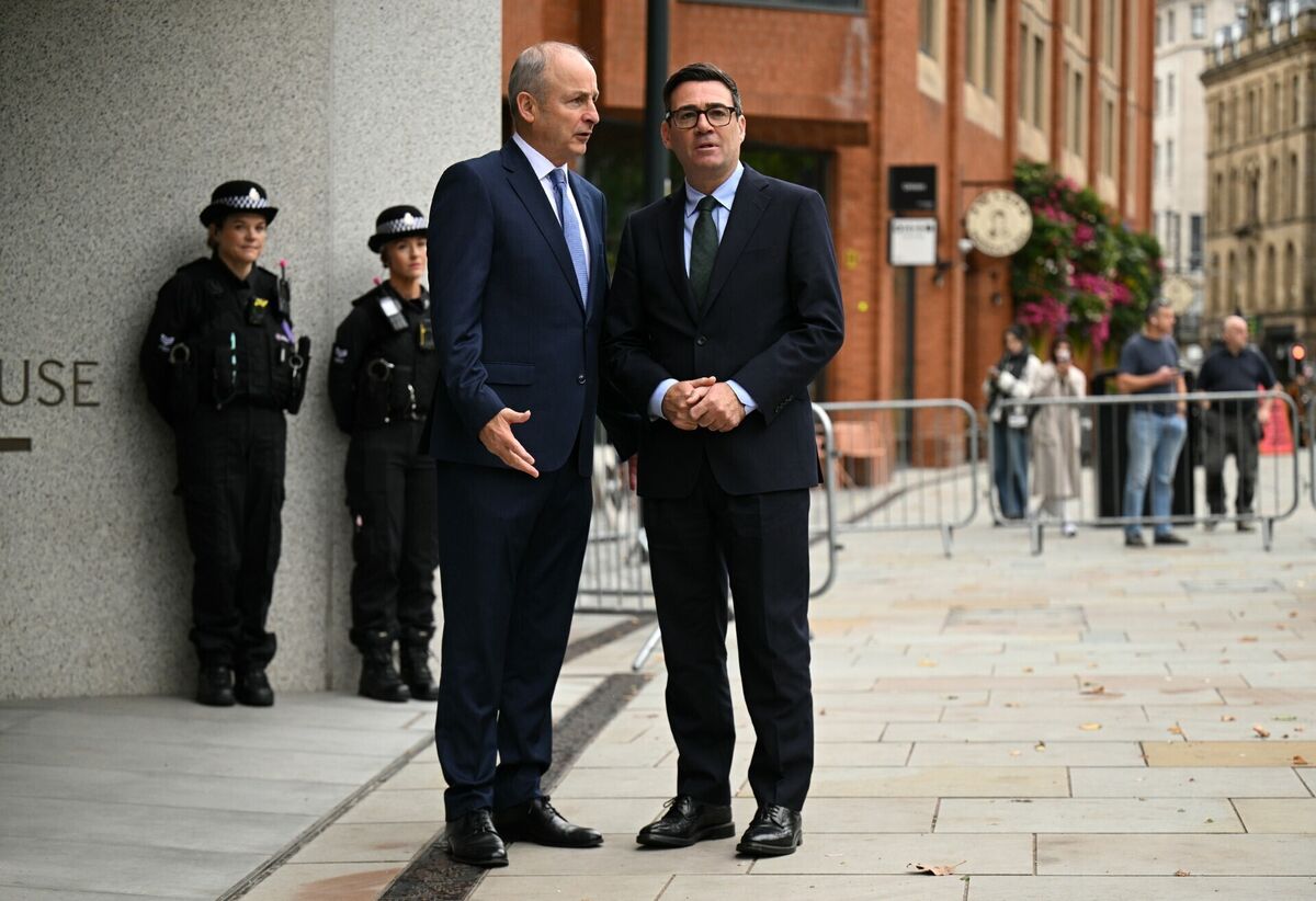 British prime minister Andy Burnham greets Taoiseach Micheál Martin to No 10 North, Manchester, ahead of a meeting. Picture: Oli Scarff/PA Wire