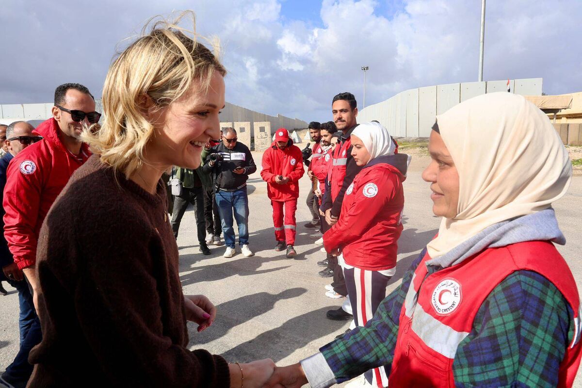 Foreign affairs minister Helen McEntee meeting Egyptian Red Crescent workers near the Rafah border in January. Ms McEntee said she was 'appalled' that Israel had banned a long list of items including wheelchairs from entering Gaza.  