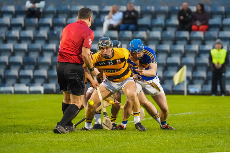Daire Connery for Na Piarsaigh and Jay Horgan of Carrigtwohill clash for the first possession last Friday night. Picture: Noel Sweeney