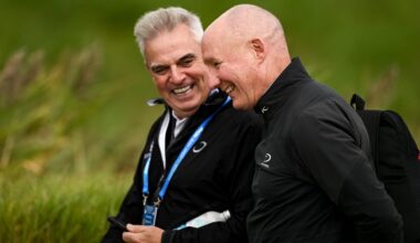 Former Dublin football player and manager Jim Gavin, left, and Irish professional golfer Paul McGinley during day three of the Amgen Irish Open Golf Championship 2026 at Trump International Golf Links in Doonbeg, Clare. Photo by Ramsey Cardy/Sportsfile