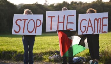 STOP THE GAME protesters outside the ground, calling for Republic of Ireland's upcoming matches against Israel to be stopped, before the SSE Airtricity Men’s Premier Division match between Galway United and Shelbourne at Eamonn Deacy Park in Galway. Photo by Piaras Ó Mídheach/Sportsfile