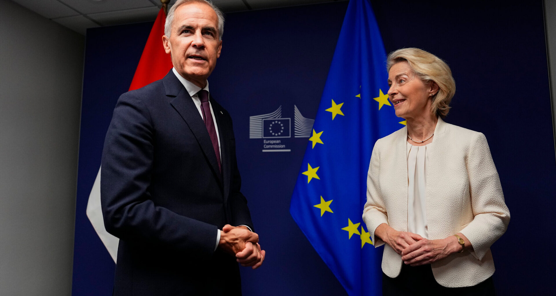 Canadian prime minister Mark Carney left, and European Commission president Ursula von der Leyen at the European Parliament in Strasbourg last week. Ms von der Leyen has suggested Canada as the EU's first 'associate member'. Picture: Justin Tang/The Canadian Press via AP