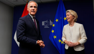 Canadian prime minister Mark Carney left, and European Commission president Ursula von der Leyen at the European Parliament in Strasbourg last week. Ms von der Leyen has suggested Canada as the EU's first 'associate member'. Picture: Justin Tang/The Canadian Press via AP