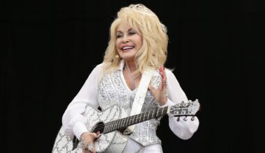 Dolly Parton performing on the Pyramid Stage at the Glastonbury Festival, at Worthy Farm in Somerset.