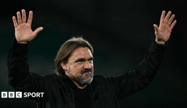 Leeds United manager Daniel Farke holds his hands up
