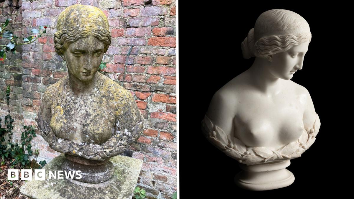 A composite image showing a before versus after of the sculpture. On the left it is tucked away near a brick wall in an overgrown garden, covered in lichen. On the right it has been cleaned and the white marble is shining against a black background.
