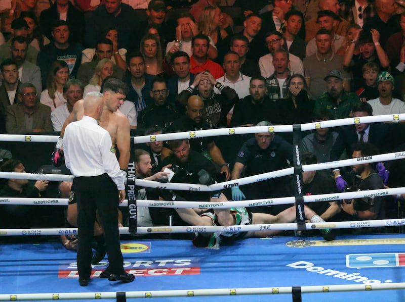 05/09/2026 - NEWS - Dave Allen watches as Thomas Carty exits the ring through the ropes and their bout is declared a no contest on the undercard of Katie Taylor's V Flora Pili fight, during the Croke Park homecoming.Photograph: Alan Betson / The Irish Times