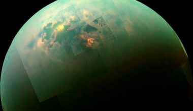 An infrared view of the Saturn moon Titan showing sunlight reflected off its polar lakes. Credits: NASA/JPL-Caltech/Univ. Arizona/Univ. Idaho