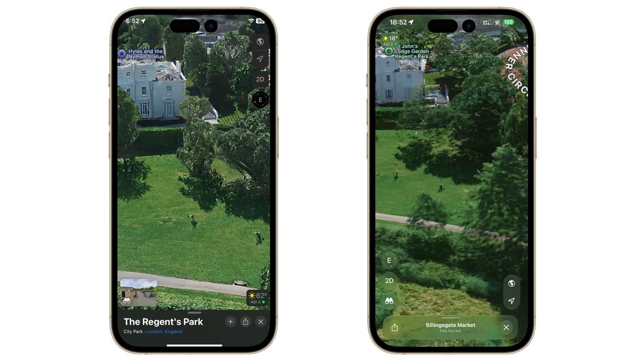 Two smartphones display aerial map views of a large green park with trees, paths, and nearby white buildings, showcasing detailed satellite terrain on their screens.