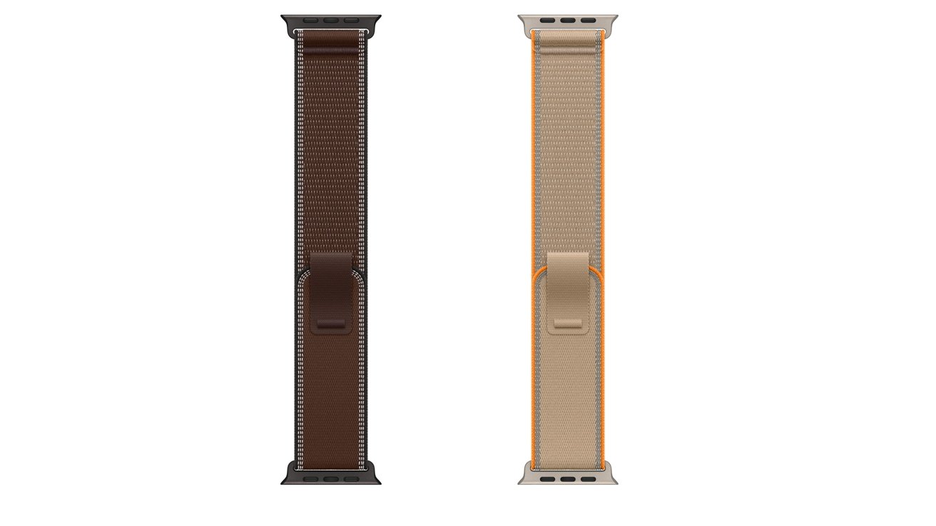 Two vertically aligned Apple Watch bands: one dark brown leather with ribbed texture, one light tan leather with similar ribbing, both shown flat with metal connectors at top and bottom