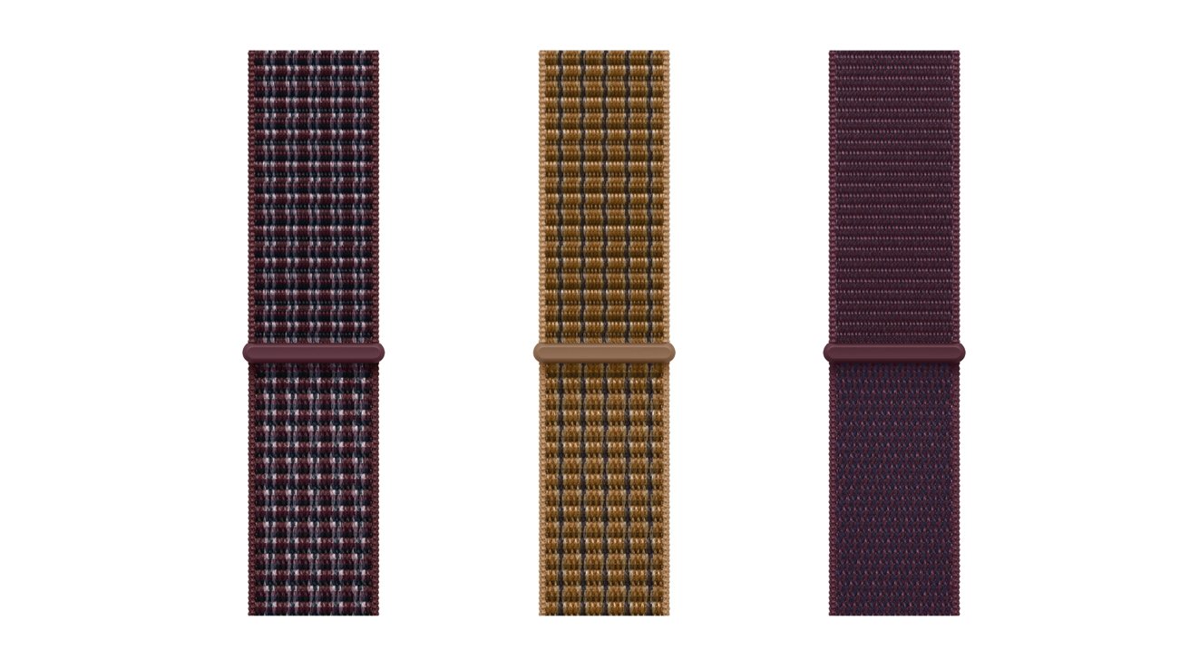 Three vertically aligned woven watch bands in dark colors: left purple and white checkered, center mustard yellow checkered, right solid dark maroon, each with a matching horizontal clasp in the middle