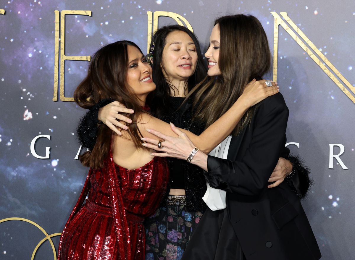 Salma Hayek, Chloe Zhao and Angelina Jolie attend the "Eternals" UK Premiere at BFI IMAX Waterloo on October 27, 2021