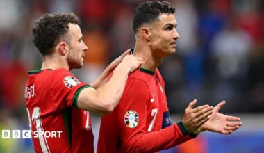 Diogo Jota celebrates with Cristiano Ronaldo for Portugal during Euro 2024