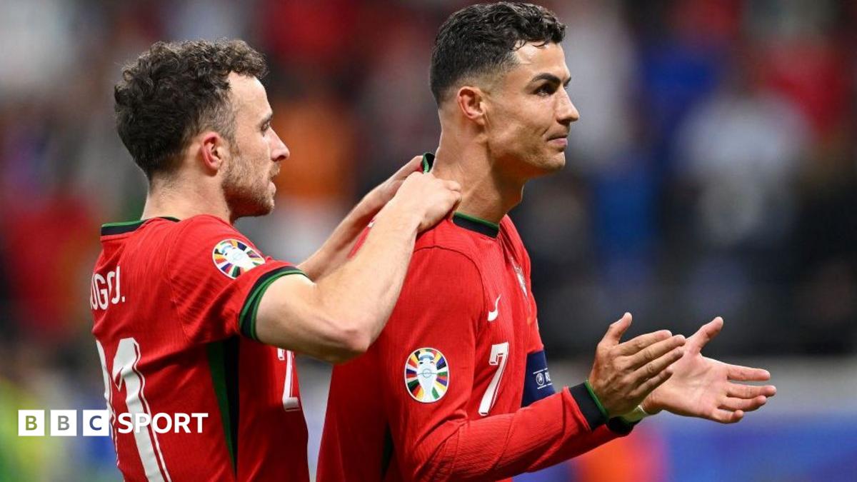 Diogo Jota celebrates with Cristiano Ronaldo for Portugal during Euro 2024
