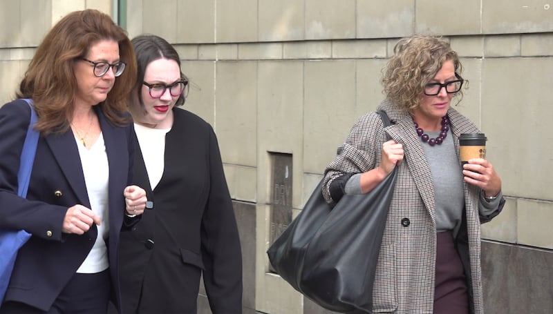 Fiona Donohoe (right) the mother of Noah Donohoe, arriving at Belfast Coroner's Court with her legal team on Tuesday. Photograph: Rebecca Black/PA Wire