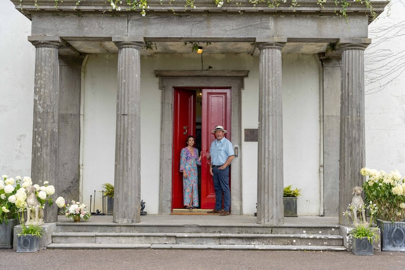 Desmond and Cristina Keogh at the entrance to Oakley Park House. Photograph: Barry Cronin