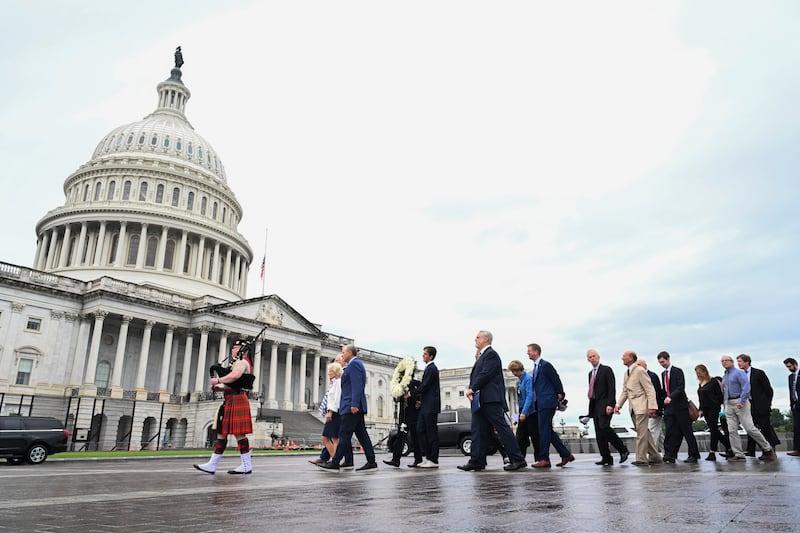 Former members of Congress and other invitees participate in a Former Members of Congress 9/11 Memorial Service on Capitol Hill on September 11th, 2026 in Washington, DC. Photograph: Roberto Schmidt/Getty Images