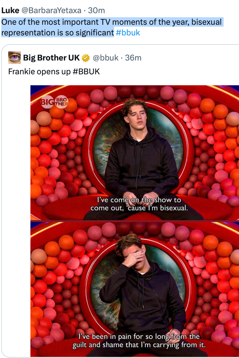 person in tv show discussing coming out as bisexual. person in tv show discussing coming out as bisexual.