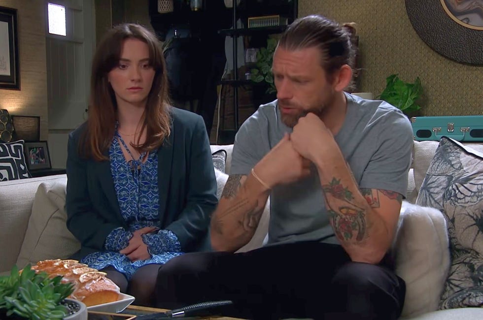 emmerdale, gabby and kev sitting on a sofa