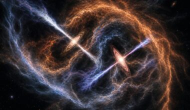 Artist’s impression of the formation of a close massive binary system, showing misaligned disks around two young stars. Credit: Y. Zhang