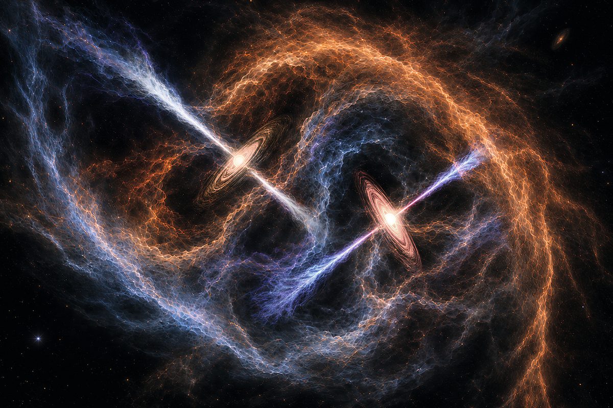 Artist’s impression of the formation of a close massive binary system, showing misaligned disks around two young stars. Credit: Y. Zhang