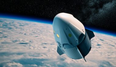 New Commercial Spacecraft Above Clouds. 3D Illustration