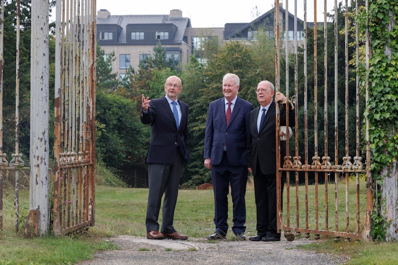 Larry Walsh, chair of Leopardstown Park Hospital Trust, with fellow trustees Philip Hamell and Jimmy Duggan on the grounds of the hospital. Photograph: Conor McCabe