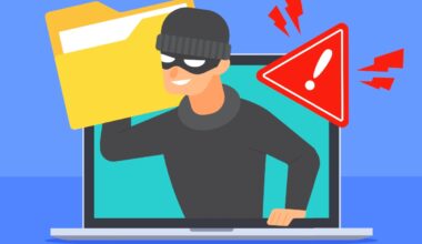 A vector image of a hacker stealing a yellow folder from a computer screen.