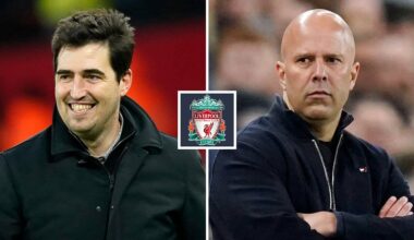 Split image of Liverpool manager Andoni Iraola and former Reds boss Arne Slot, with the Liverpool badge in between - copyright TEAMtalk