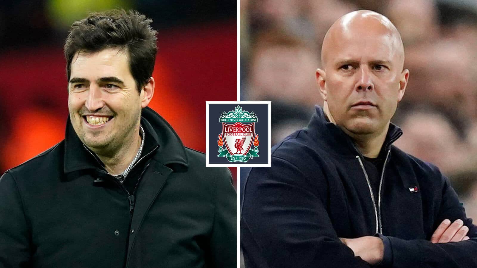 Split image of Liverpool manager Andoni Iraola and former Reds boss Arne Slot, with the Liverpool badge in between - copyright TEAMtalk