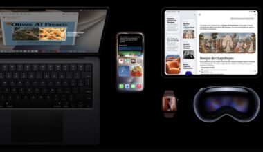 A MacBook, iPhone, and other devices running new OS updates