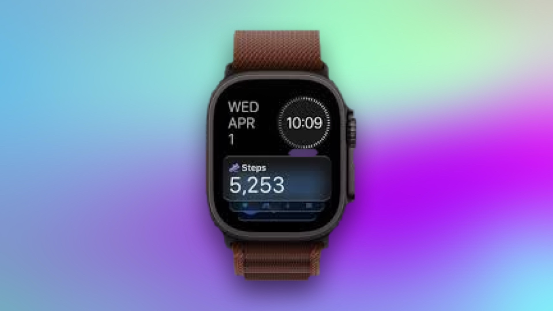 An Apple watch in brown on a blue CNET background.