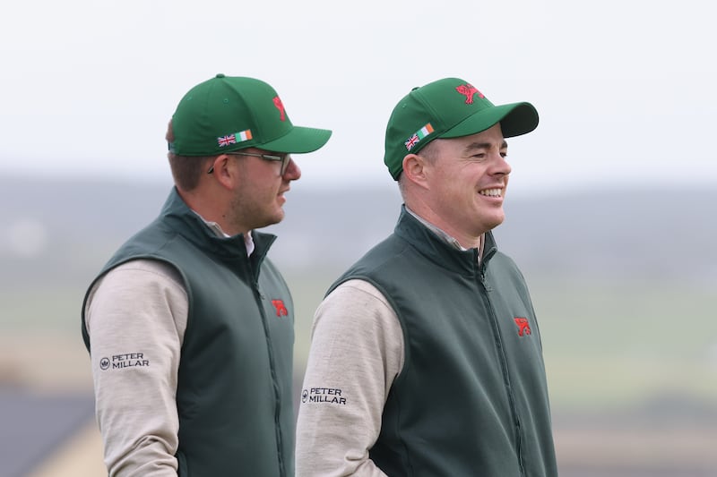 Eliot Baker and Stuart Grehan of Team GB&I during a practice round before the Walker Cup at Lahinch Golf Club on Friday. Photograph: Warren Little/Getty Images