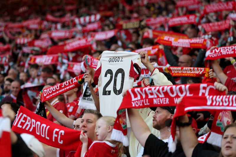 Liverpool fans pay tribute to Diogo Jota ahead of a pre-season game at Anfield in August last year. Photograph: Carl Recine/Getty Images