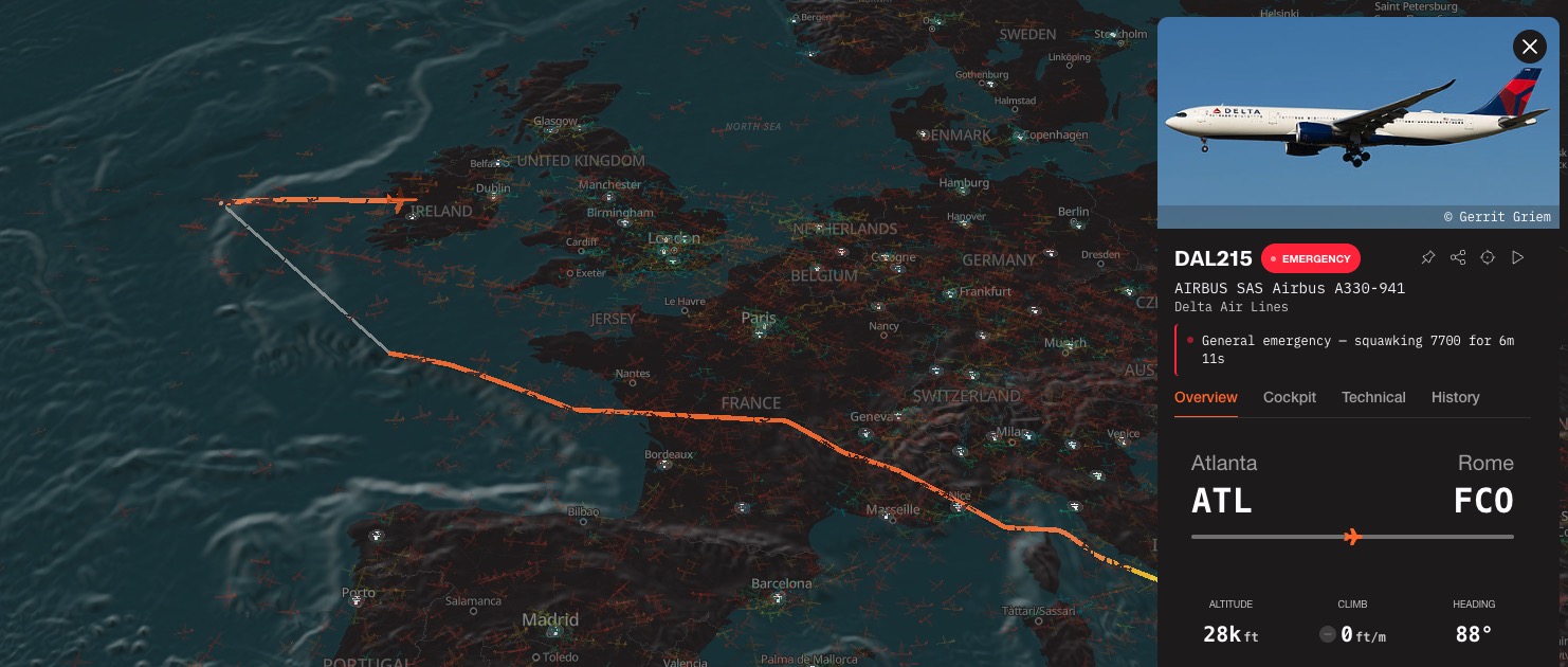 Delta flight DL215 to Atlanta is declaring an emergency and turning around to Dublin