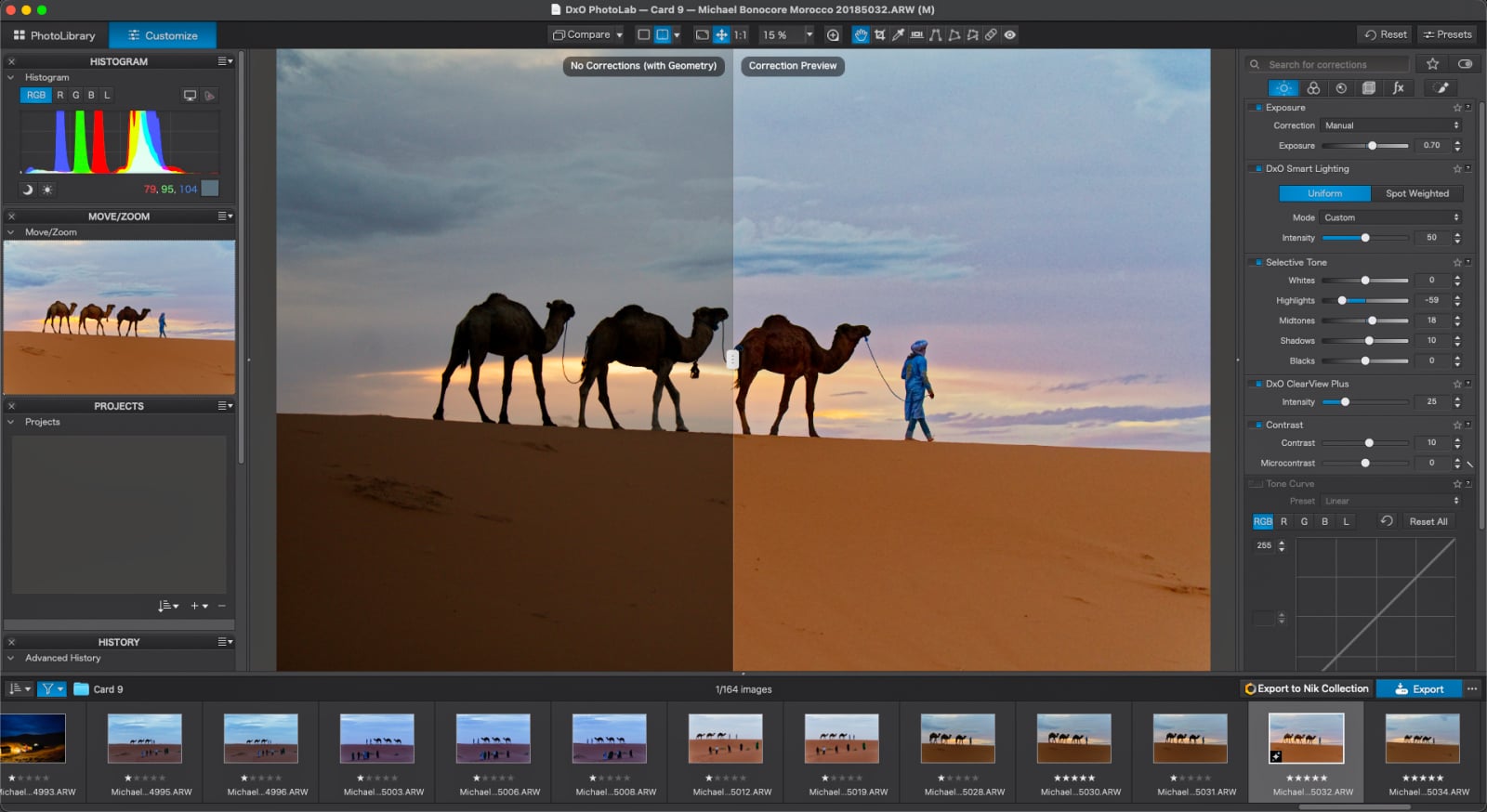 A split-screen view in DxO PhotoLab software shows a desert scene with camels and a person, comparing an unedited version on the left with an edited version on the right.