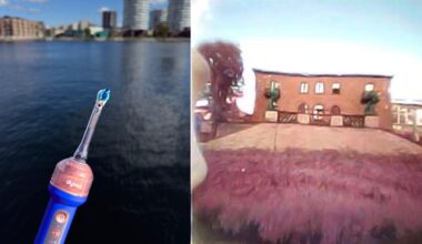 A split-screen image shows a blue electric toothbrush held over a body of water on the left, and a blurry, distorted view of a brick building on the right.