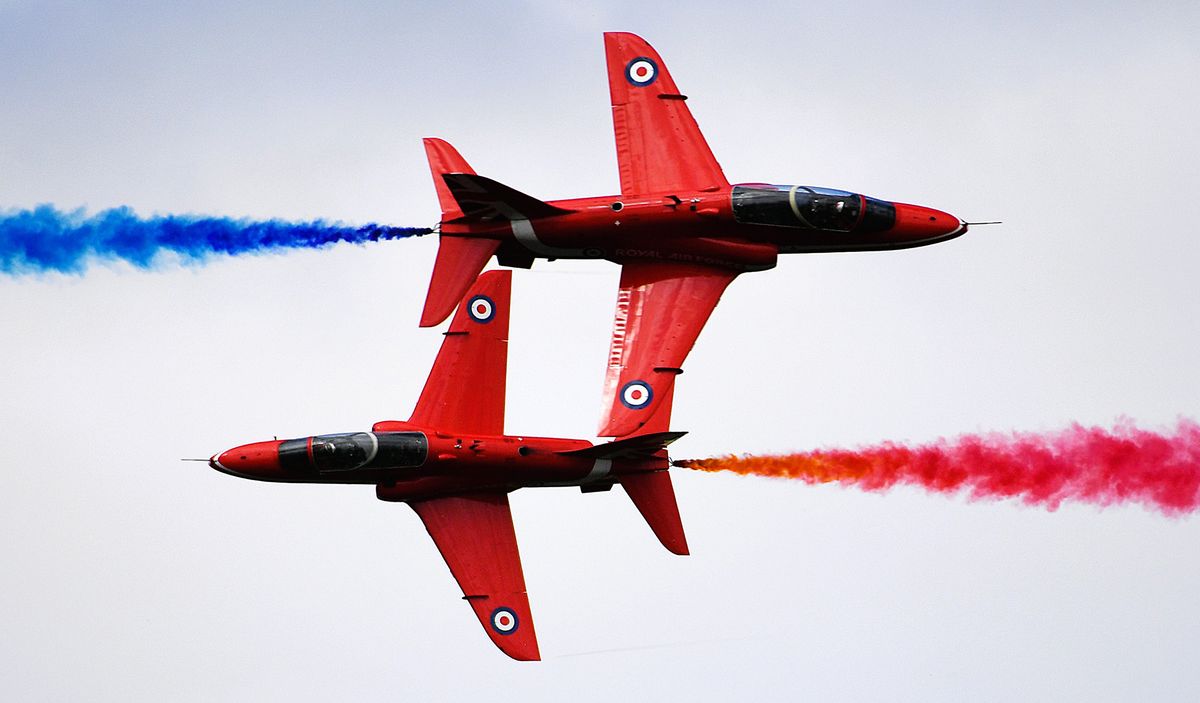 Photograph of the Red Arrows display at the Royal International Air Tattoo 2025, at RAF Fairford in Gloucestershire, UK, in July 2025. Taken by Paul Nicholls.