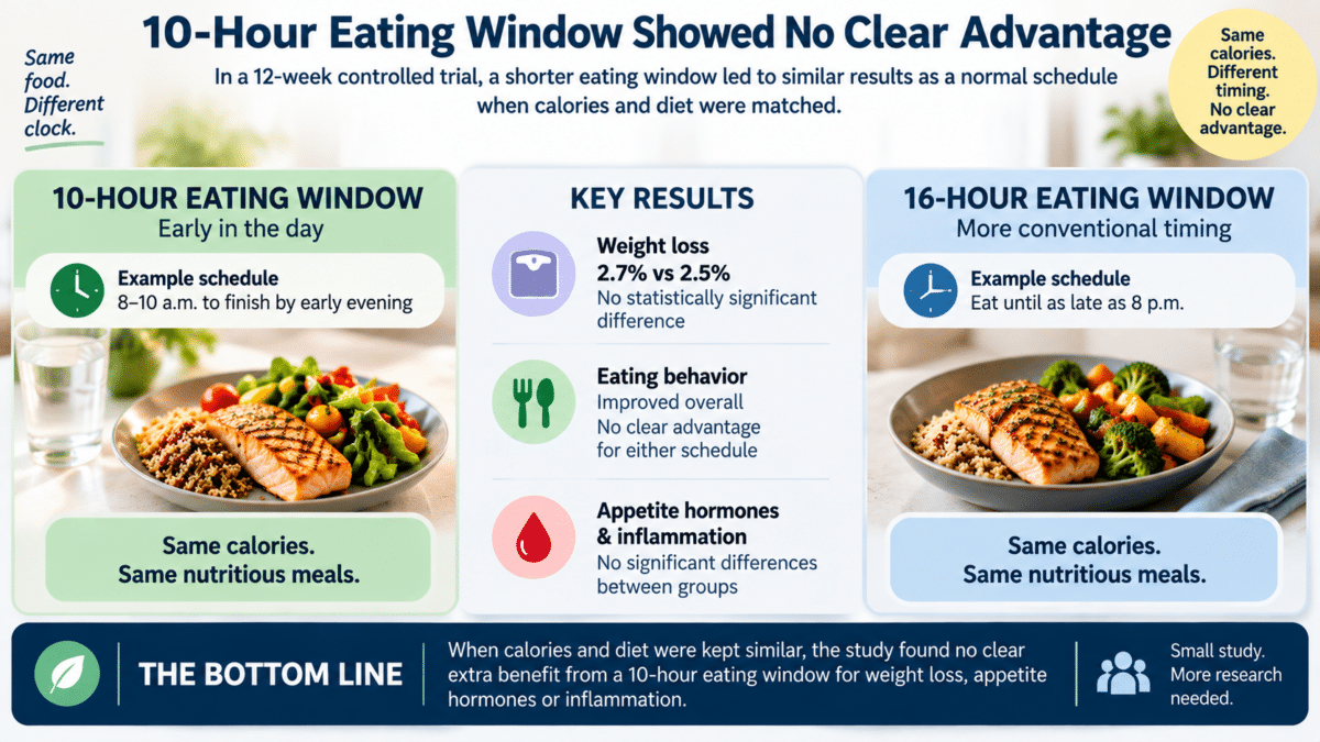 Infographic comparing 10-hour and 16-hour eating windows, showing similar weight loss and no clear advantage for the shorter schedule.