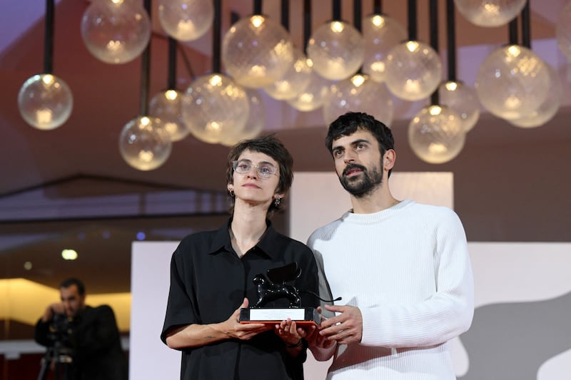 Rachel Szor and Yuval Abraham, winners of the  Special Jury Prize for NAZA. Photograph: Tiziana Fabi/AFP via Getty Images