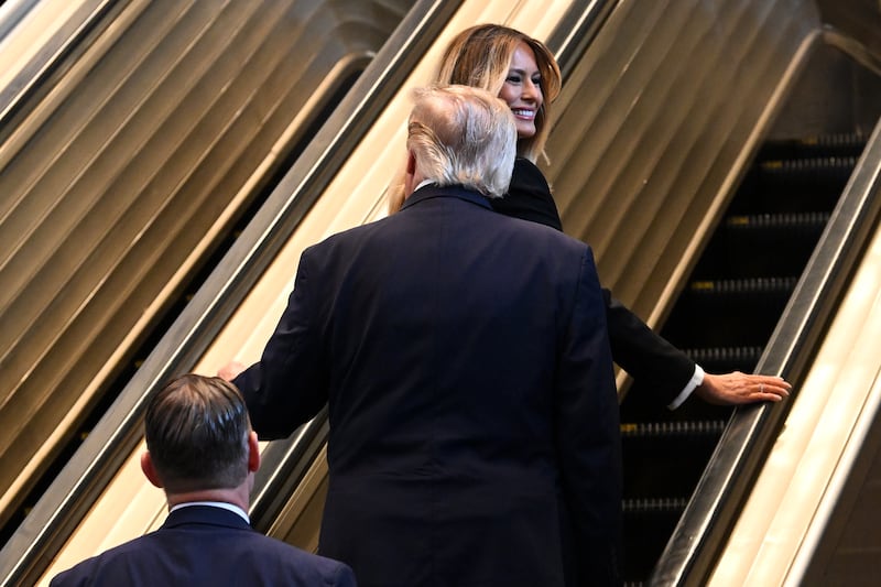 US president Donald Trump and first lady Melania Trump ride the escalator as they arrive during the 81st session of the UNGA on Tuesday. Photo by Alexi J Rosenfeld/Getty Images