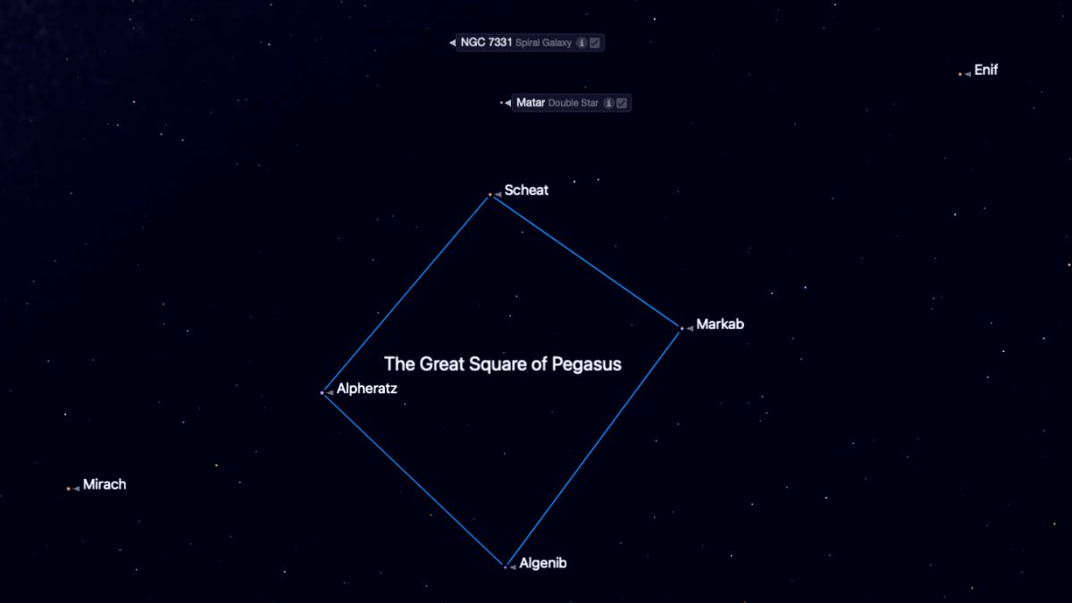 night sky graphic map showing the great square of pegasus