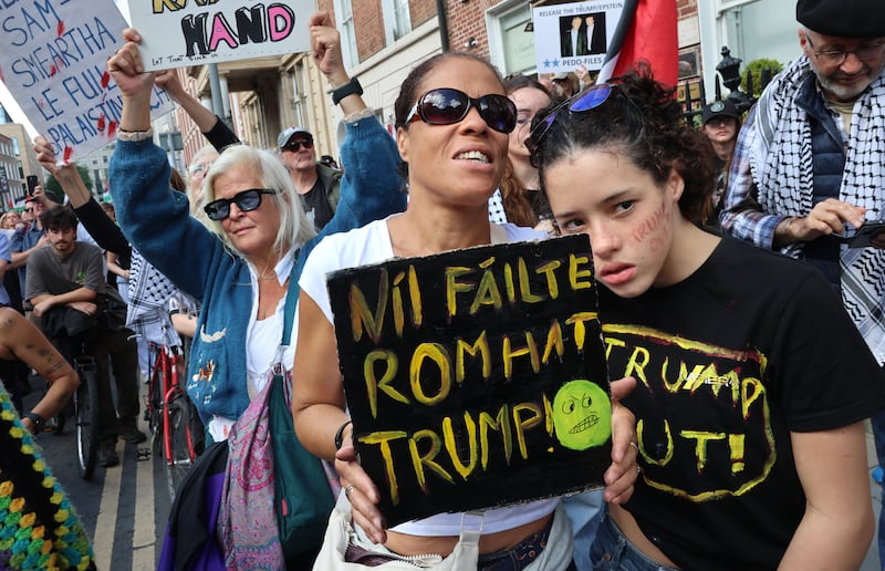 Siobhan McKenna and her daughter Olivia, from Dublin at the Trump demonstration from the Garden of Remembrance to the Dail in Dublin city at the weekend.
Photograph: Dara Mac Dónaill/The Irish Times














