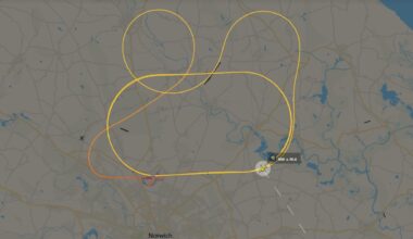 Ryanair flight FR5883 is declaring an emergency and circling after departure from Norwich