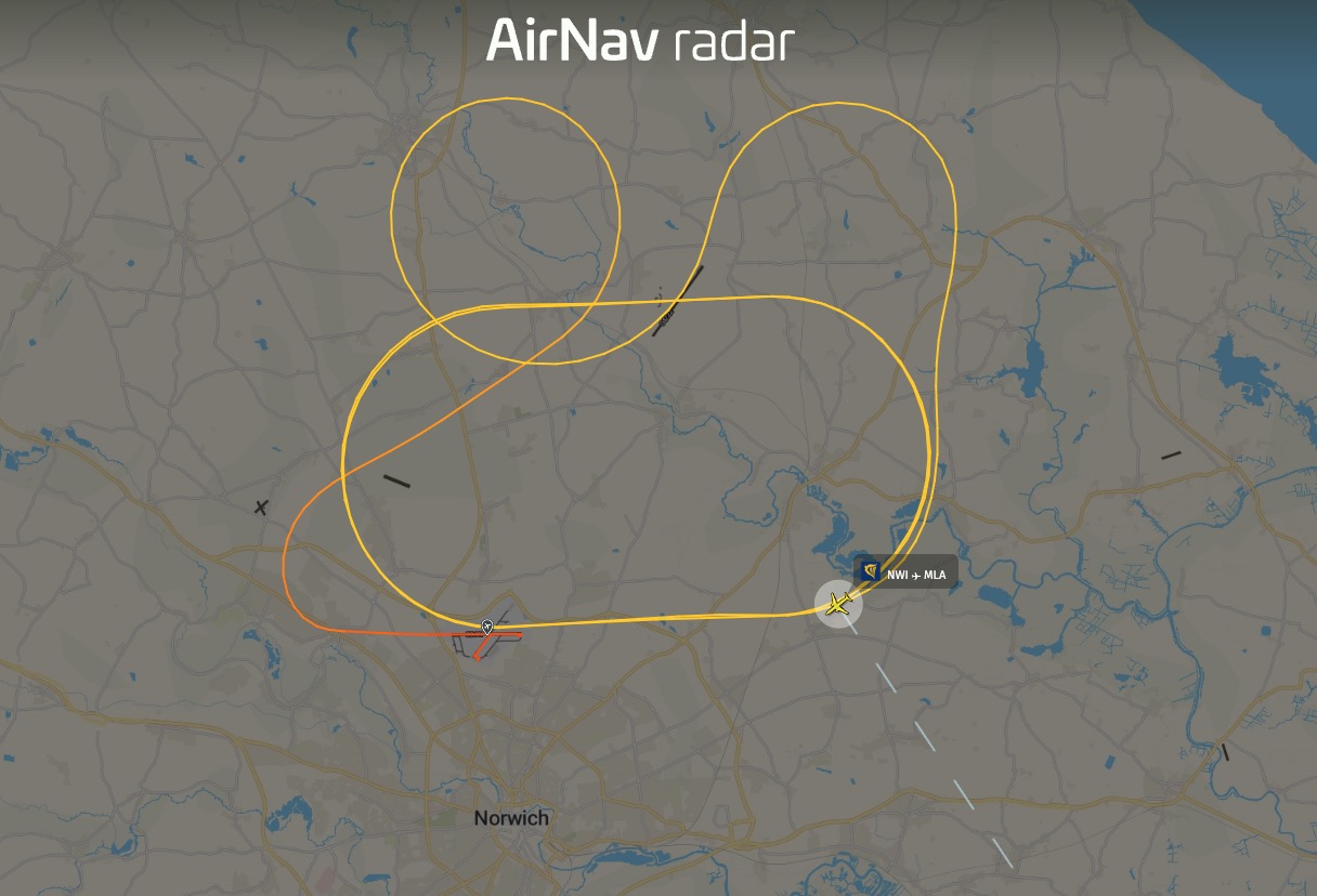 Ryanair flight FR5883 is declaring an emergency and circling after departure from Norwich