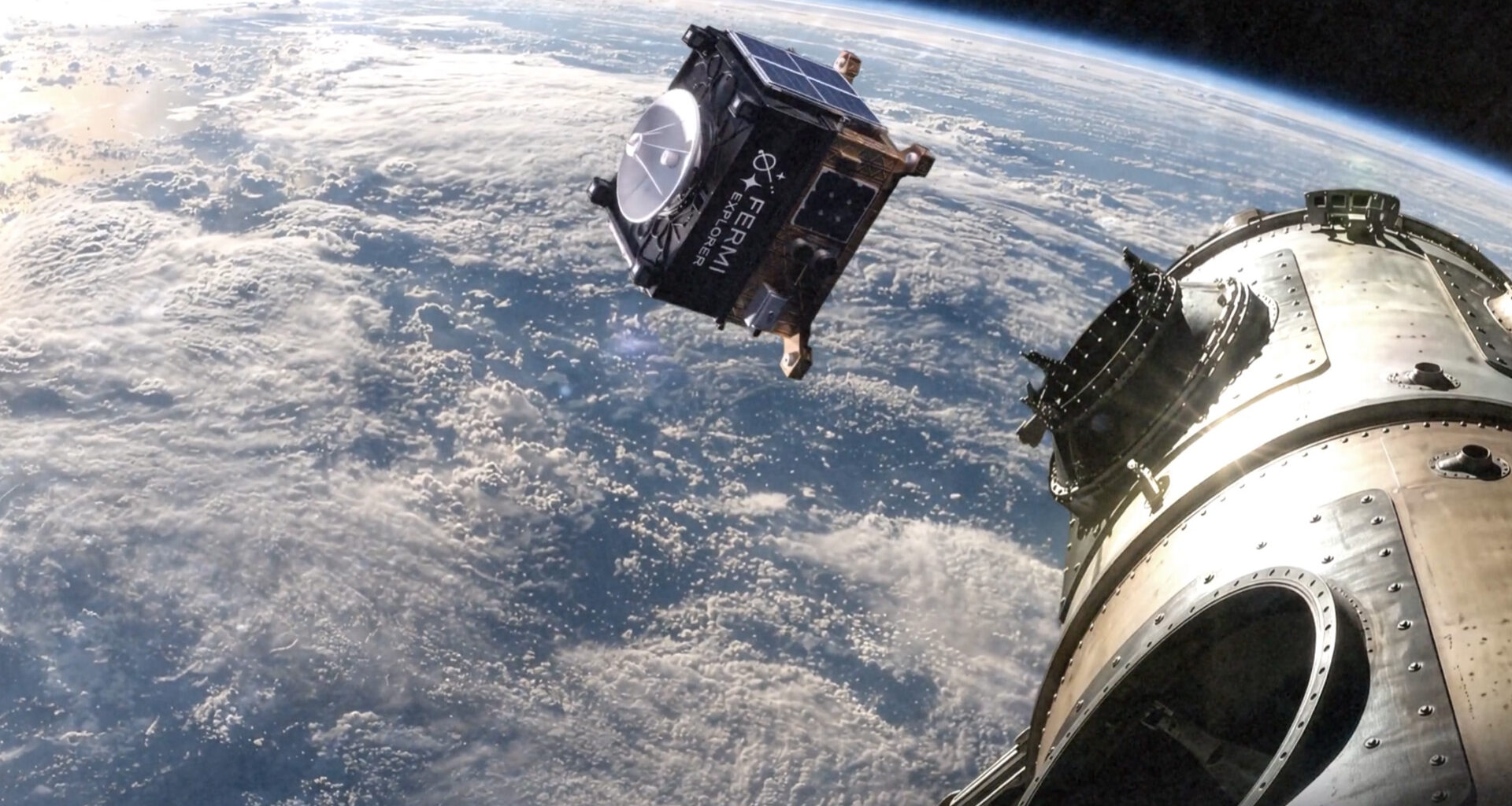 A rendered graphic of the Fermi Explorer launching into space.